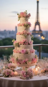 Romantic Parisian Wedding Cake with Pink Flowers