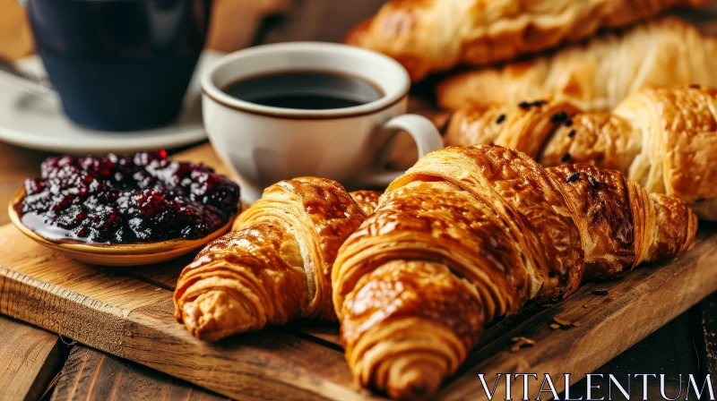 Rustic Wooden Table with Coffee, Croissants, and Jam - A Cozy Still Life AI Image