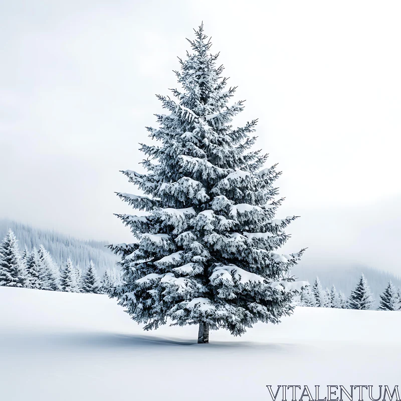 Snow-Blanketed Pine Tree in Serene Winter Scene AI Image