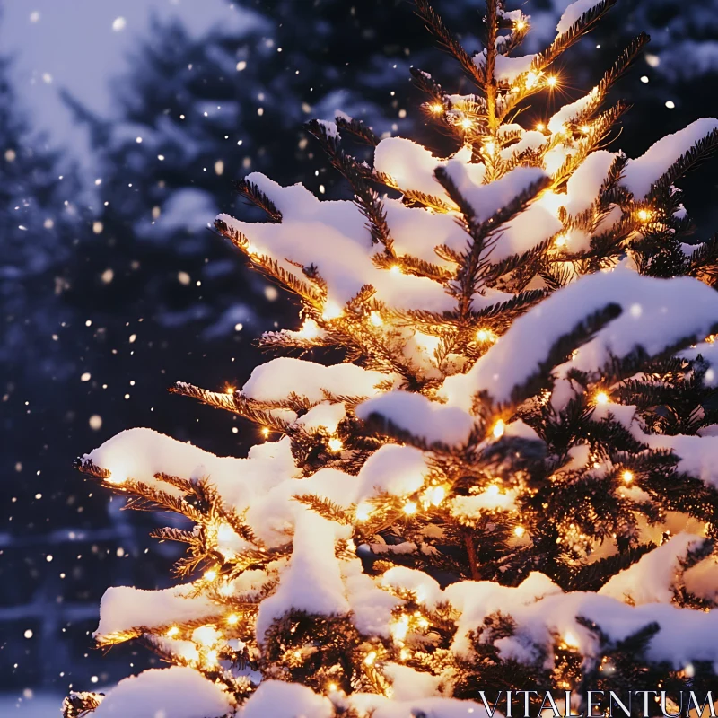 AI ART Glowing Christmas Tree in Snowy Winter Night