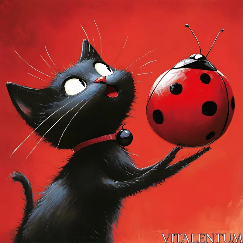 Whimsical Black Cat and Ladybug Cartoon Illustration AI Image