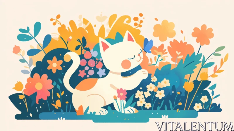 Cat and Butterfly Among Vibrant Flowers AI Image