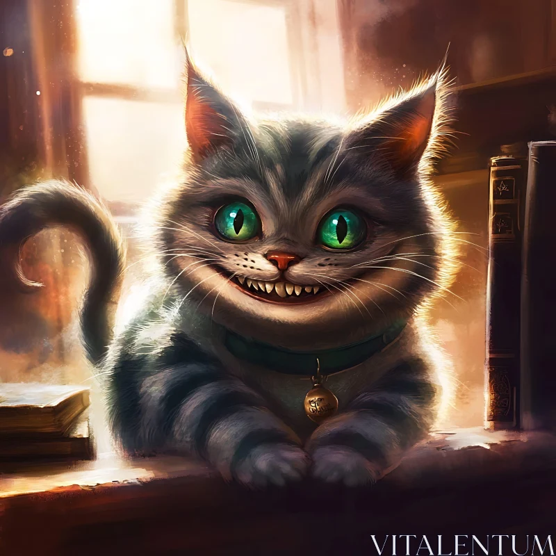 AI ART Cute Fantasy Cat Smiling with Books in Background