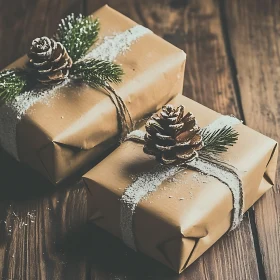 Rustic Brown Wrapped Gifts with Pinecone Adornments