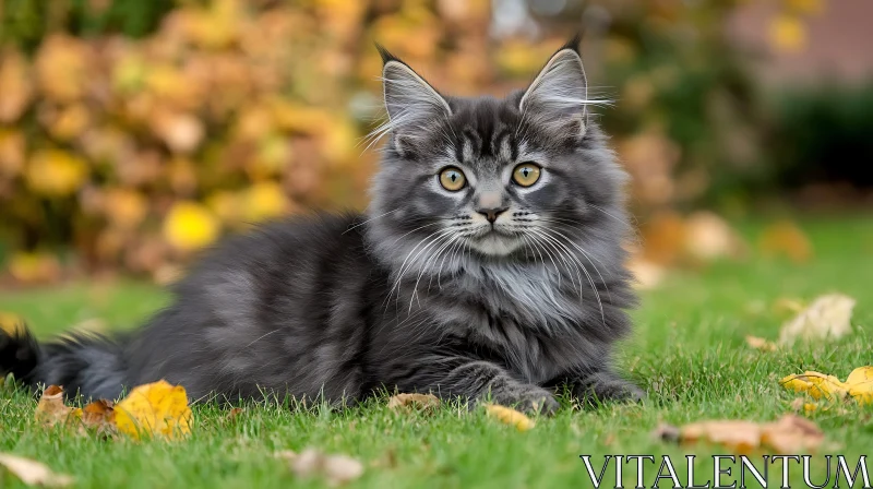 Fluffy Maine Coon Kitten on Green Lawn AI Image