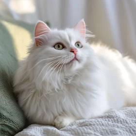 Graceful White Cat with Green Eyes on Blanket