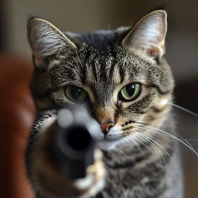 Focused Tabby Cat with Gun