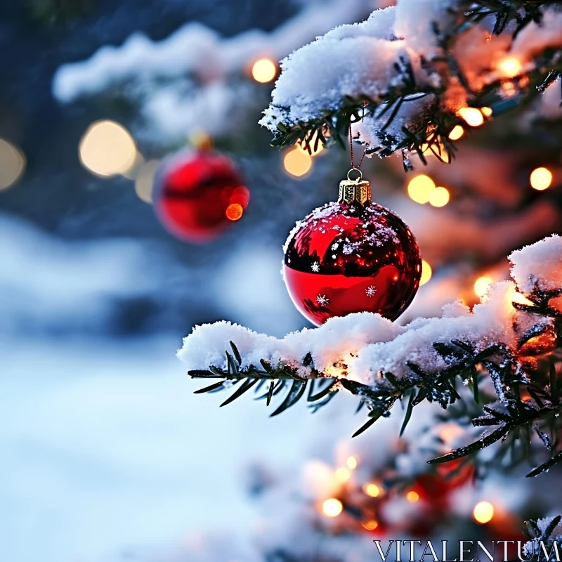 Festive Christmas Tree with Snow and Red Ornament AI Image