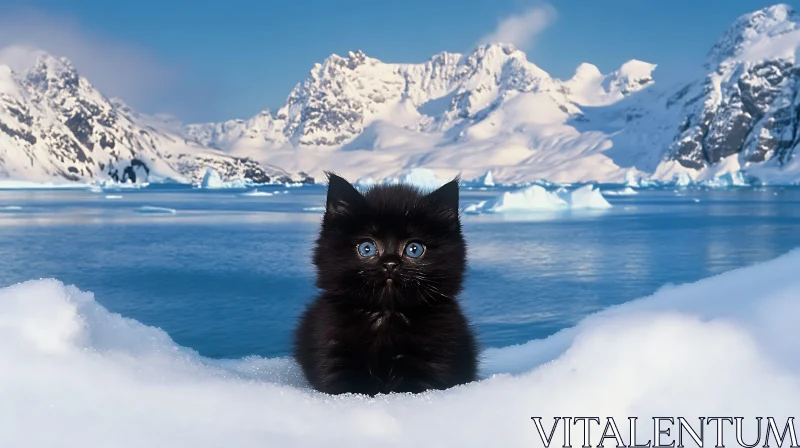 Black Kitten with Blue Eyes in Icy Wilderness AI Image