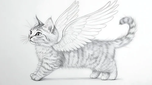 Fantasy Cat with Wings Pencil Drawing