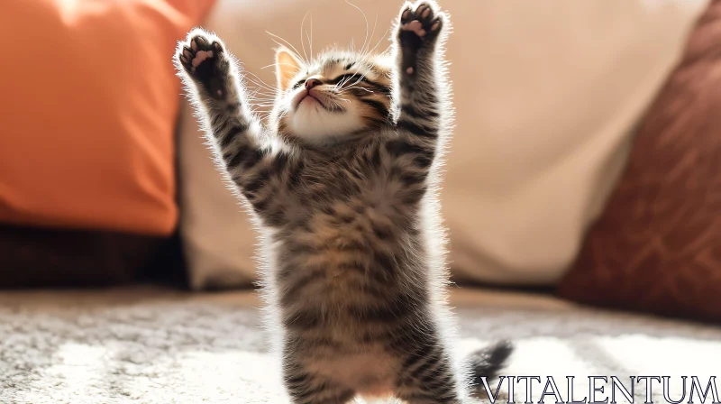 Playful Kitten with Paws Raised in Sunlight AI Image