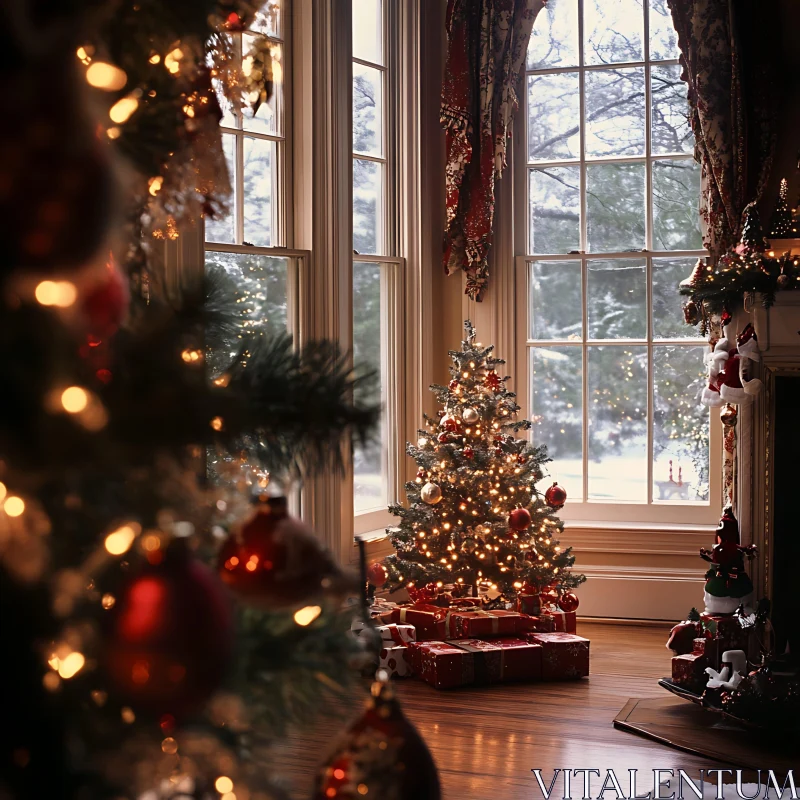 Holiday Decor with Tree and Snowy View AI Image