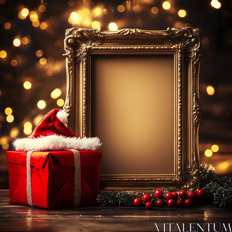 AI ART Holiday Golden Frame and Santa Hat Gift Box