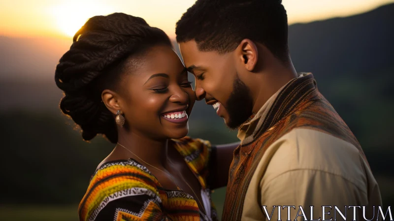 African Couple Smiling in Sunset Field AI Image