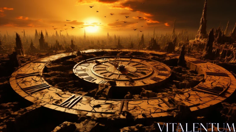 Apocalyptic Landscape with Clock Amidst Grandiose Ruins AI Image