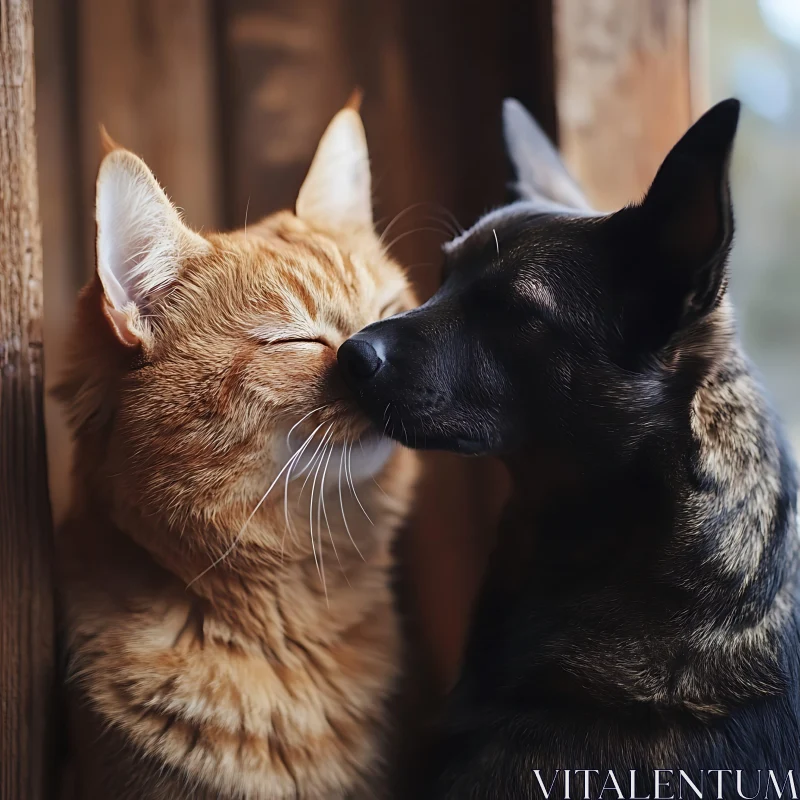 Tender Interaction Between Ginger Cat and Dark-Coated Dog AI Image