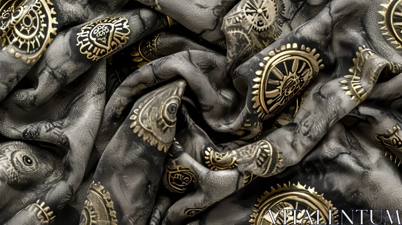 Black and Gold Fabric with Cogs and Wheels Pattern | Abstract Art AI Image