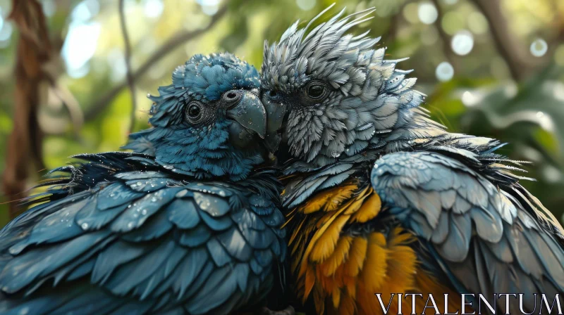AI ART Blue Parrots on Branch in Jungle - Majestic Nature Image