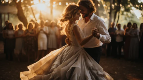 Bride and Groom Dancing in Forest at Sunset