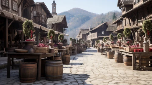 Charming Old European Village Street Scene with Wooden Barrels and Festive Atmosphere