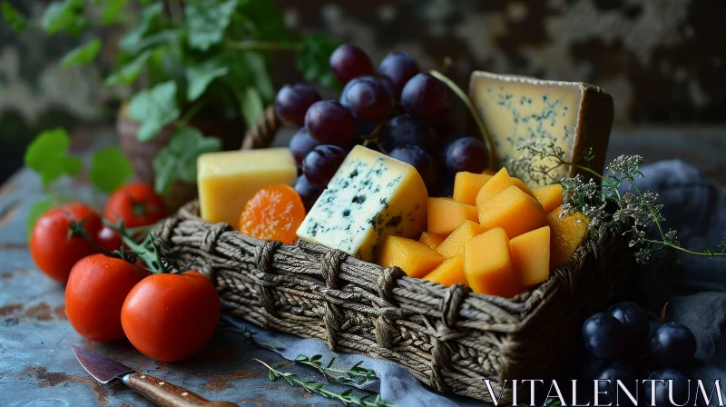 Delicious Assortment: Cheeses, Fruits, and Vegetables in a Wicker Basket AI Image
