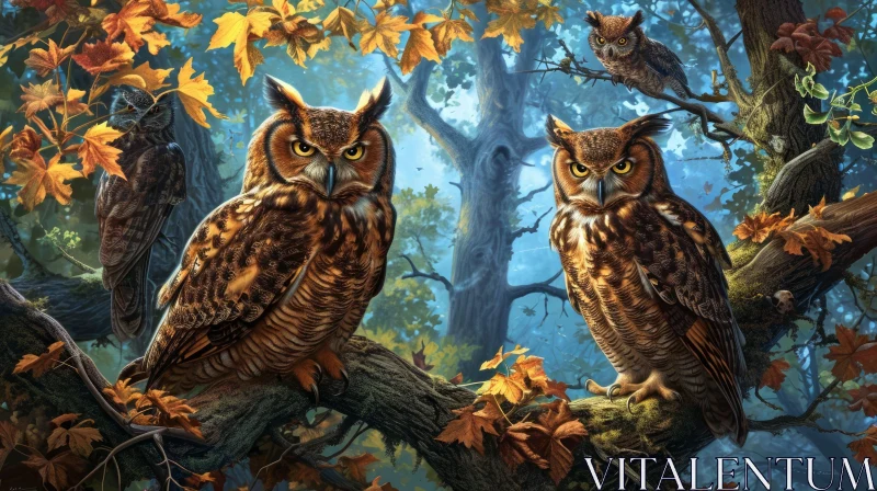 Exquisite Painting of Three Owls in a Forest AI Image