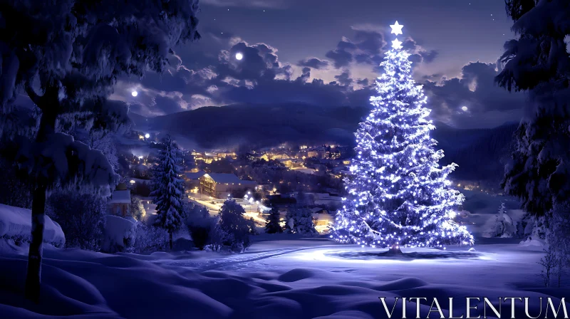 Illuminated Christmas Tree in Winter Village AI Image