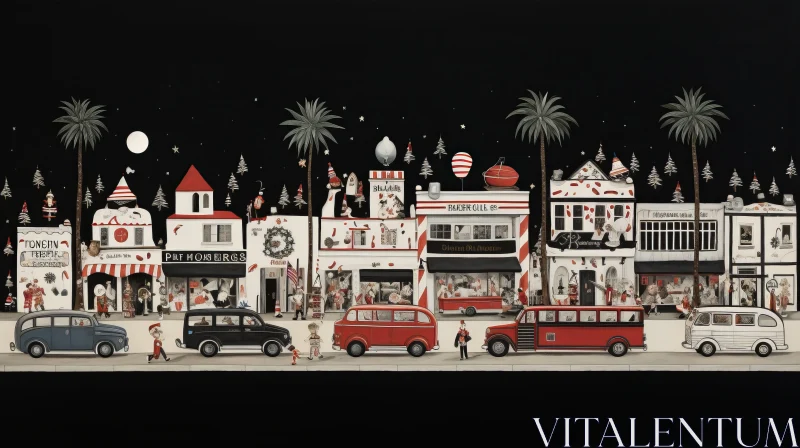 AI ART Festive Black and White Artwork of City Street with Cars and Seaside Scenes