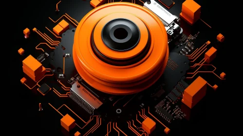 Futuristic 3D Rendering of Orange and Black Camera Lens on Circuit Board