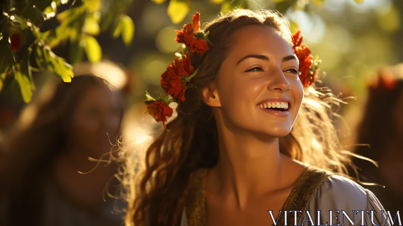 Medieval Styled Woman with Floral Headdress Basking in Sunshine AI Image