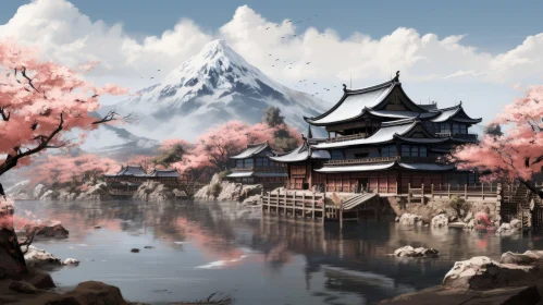 Serene Asian Village Near Lake - Digital Painting