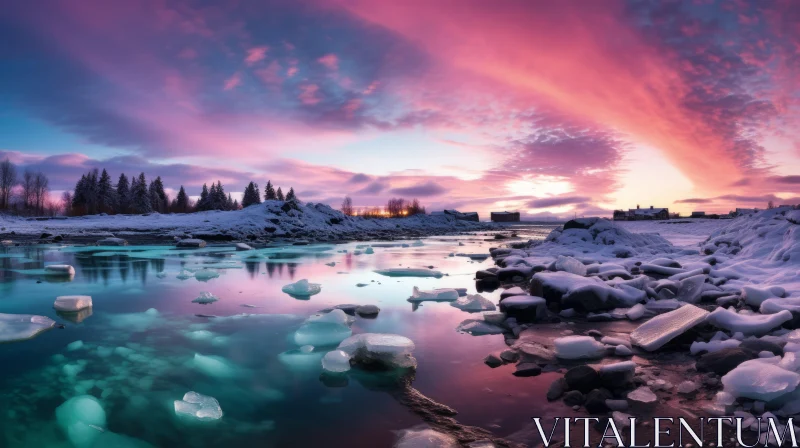 Winter Sunset over Ice-Covered River - Tranquil Landscape Panorama AI Image