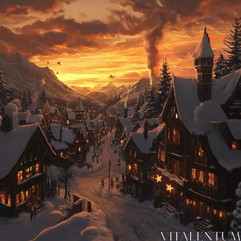 Golden Sunset Over a Snowy Winter Village AI Image