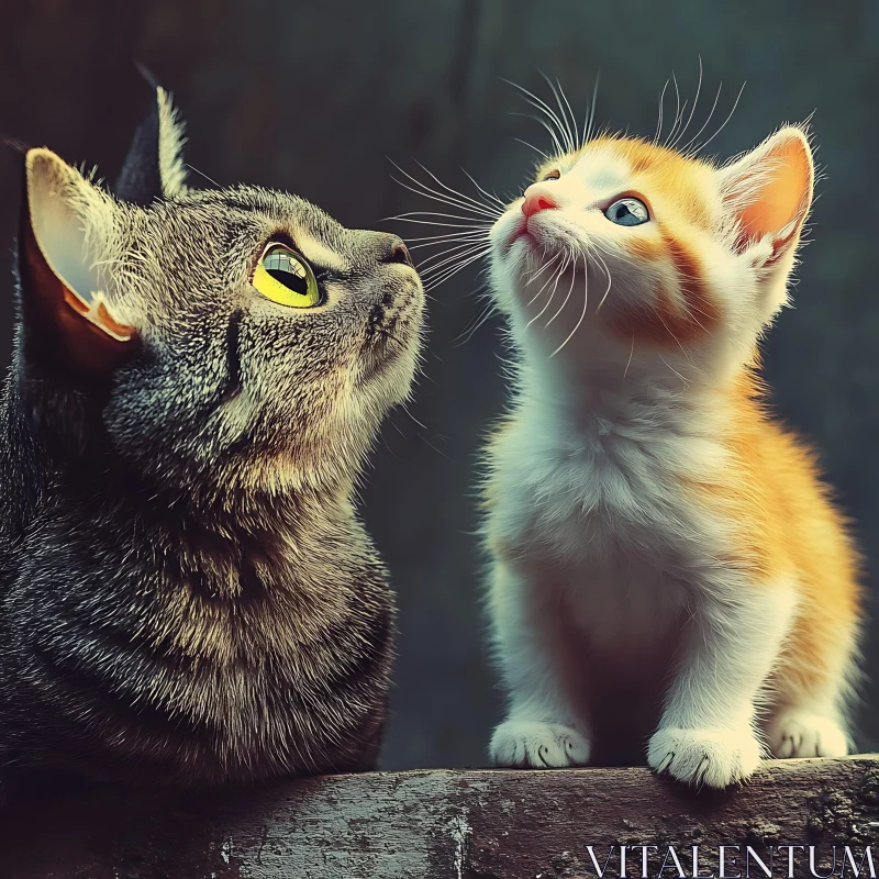 Gray Cat and Orange Kitten Looking Up Image AI Image