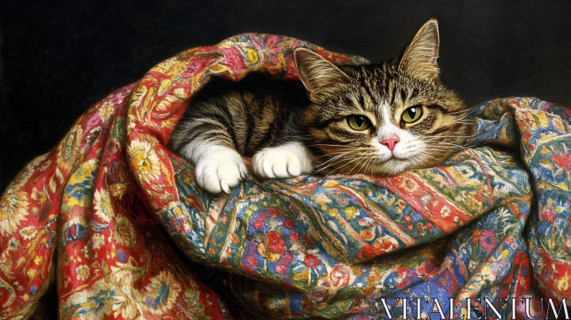 Tabby Cat Art Painting on Floral Blanket AI Image