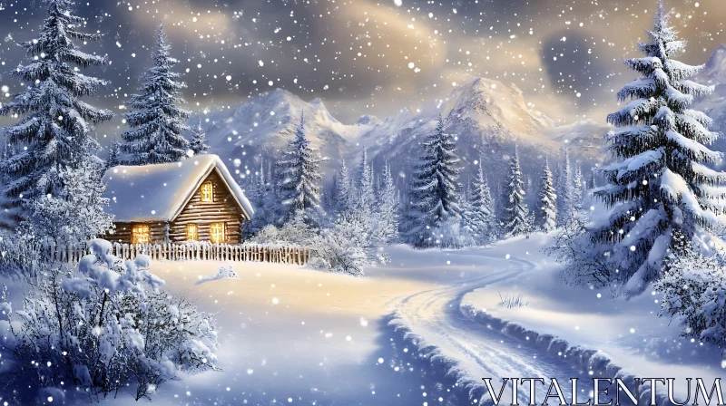 AI ART Tranquil Snowy Cabin Among Pine Trees