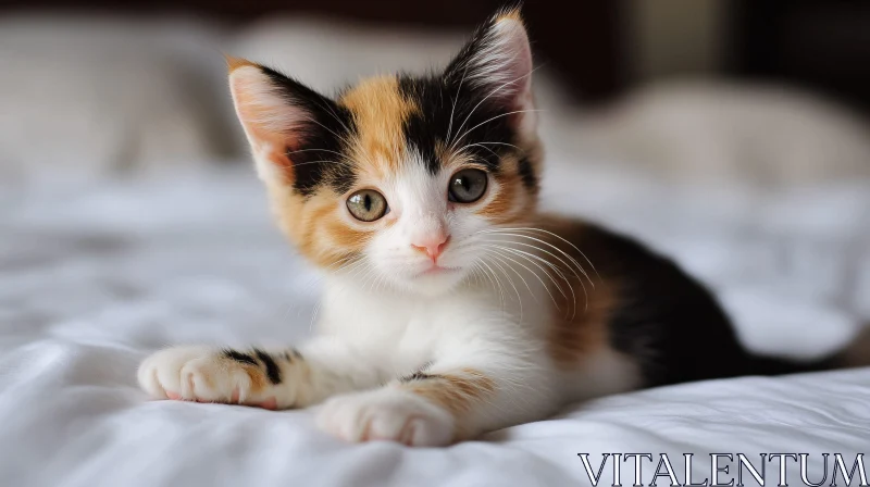 Cute Calico Kitten Resting on a White Bedspread AI Image