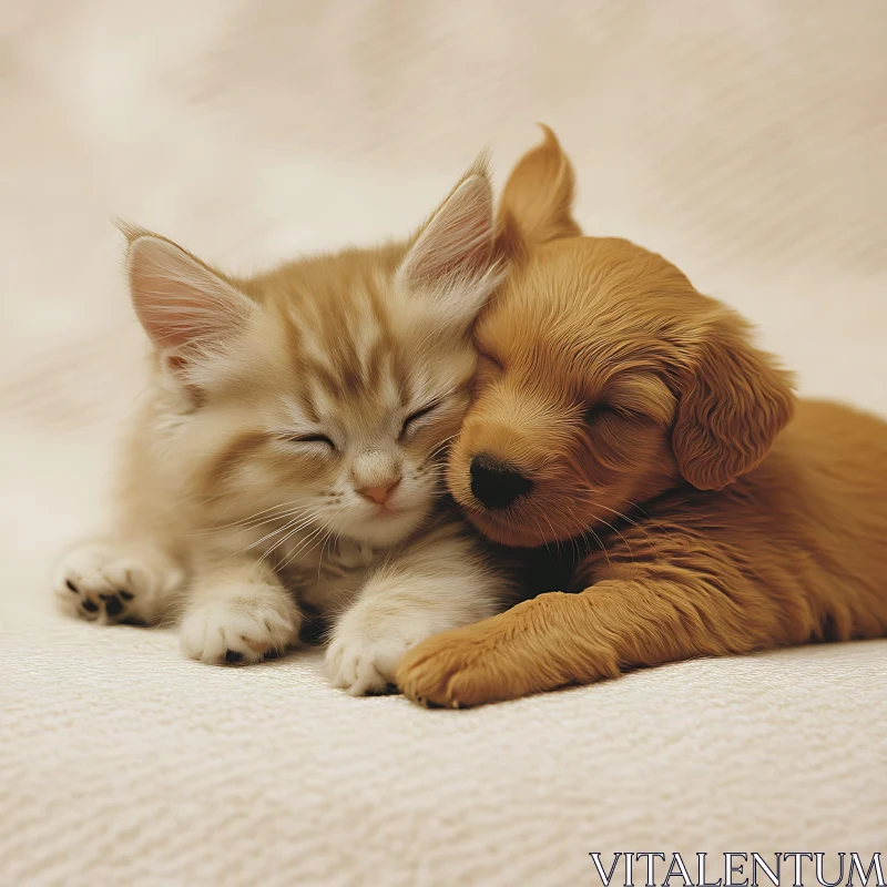 Kitten and Puppy Napping Close Together AI Image