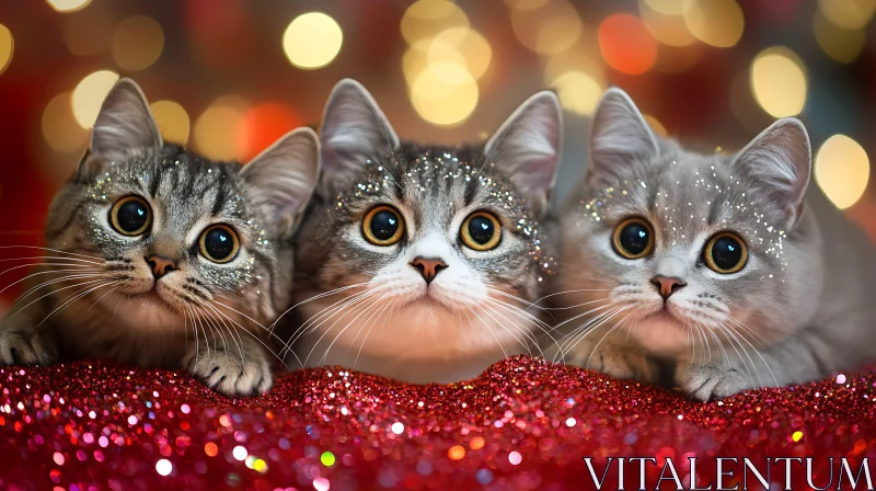 Cute Glittery Kittens in Sparkling Red and Bokeh Lights AI Image