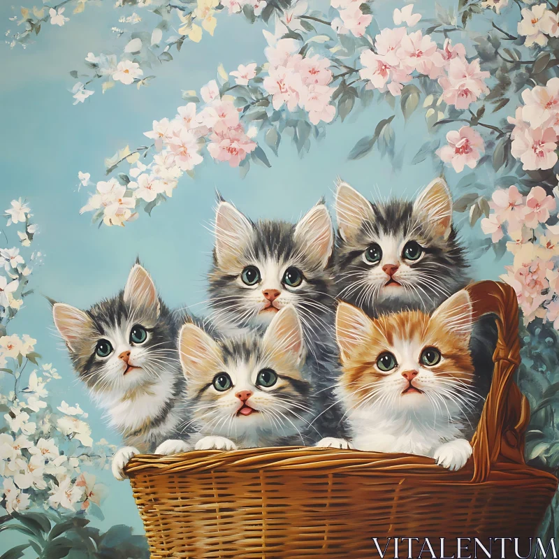 Cute Feline Friends Among Spring Blossoms AI Image