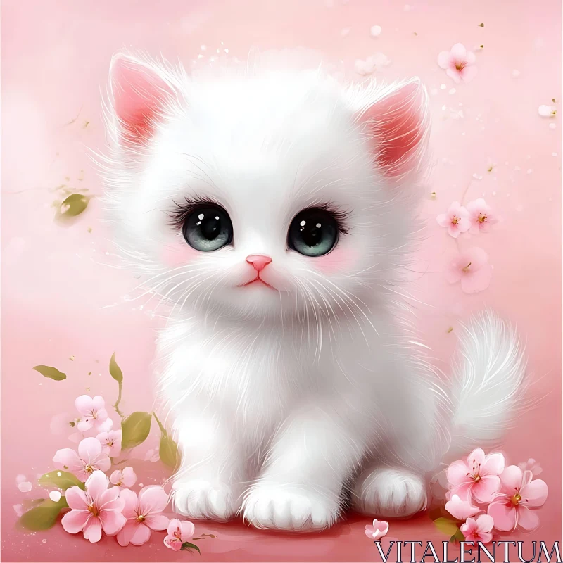 Cute White Kitten on Pink Background AI Image