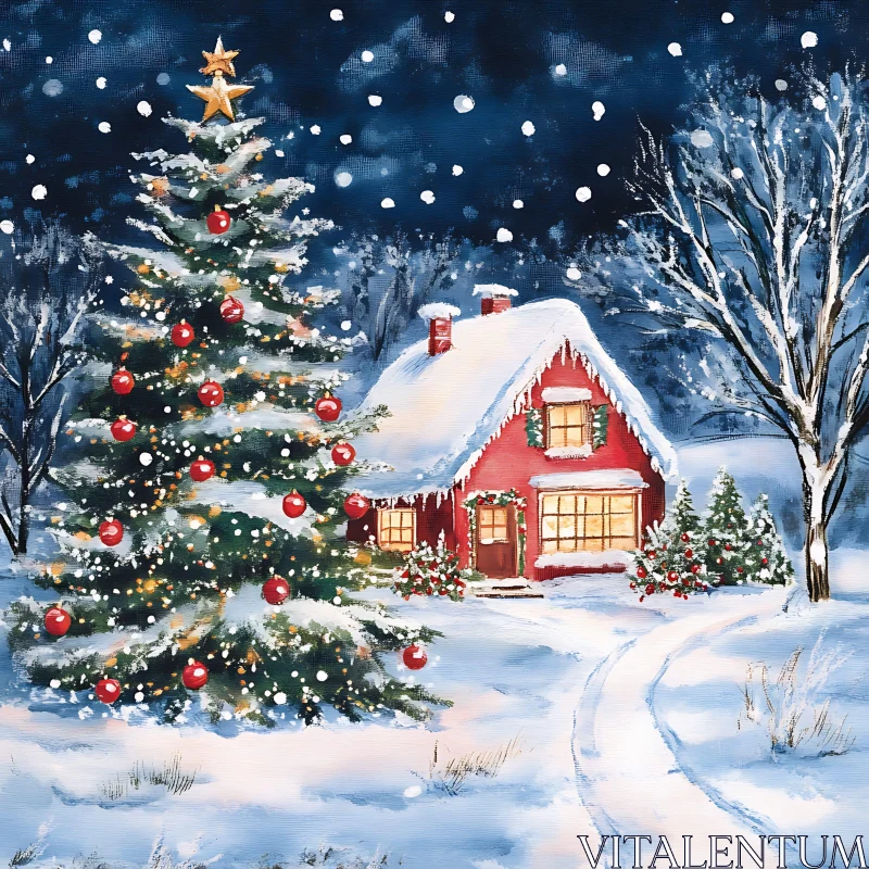 Festive Red Cabin and Christmas Tree in Winter Landscape AI Image