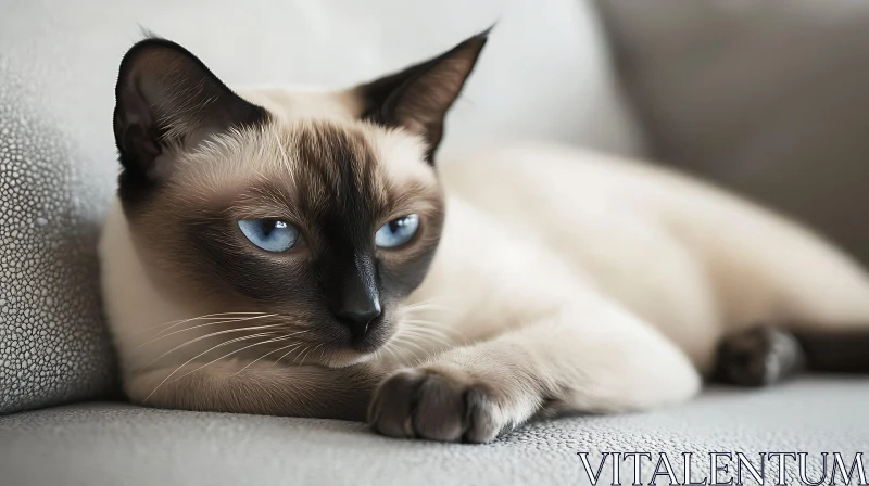 Blue-Eyed Siamese Cat Relaxing on Couch AI Image