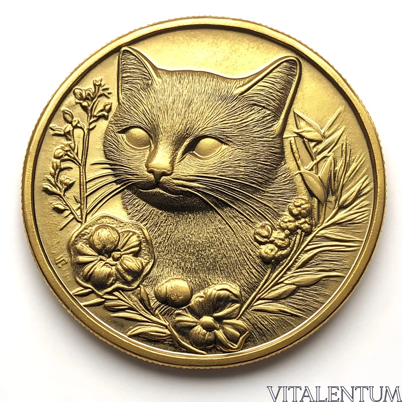 Gold Coin with Cat and Flowers Engraving AI Image