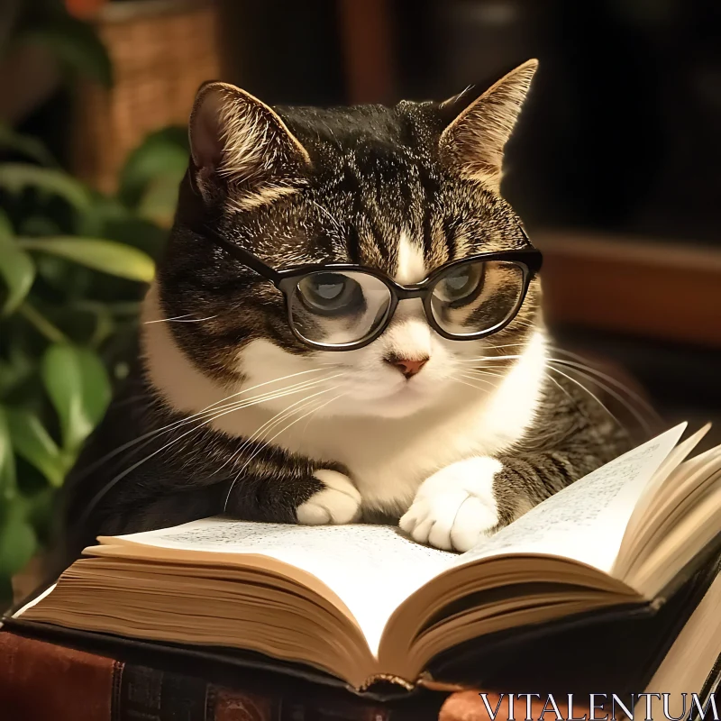 Intelligent Cat with Glasses Immersed in a Book AI Image