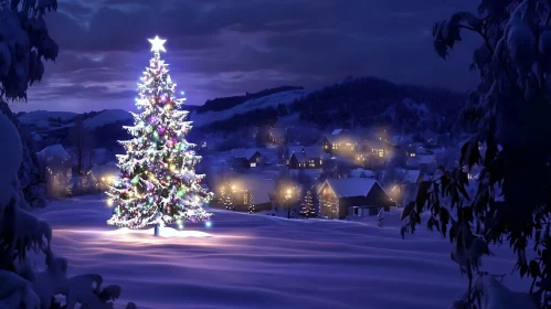 Christmas Tree Under Twilight in a Snowy Village