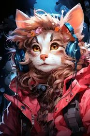 Digital Art: Cat in Headphones and Red Jacket