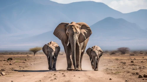 African Elephant Family Walking in Arid Landscape