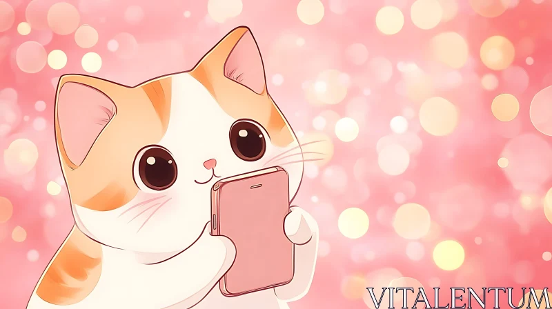 AI ART Cute Cat with Pink Smartphone Illustration