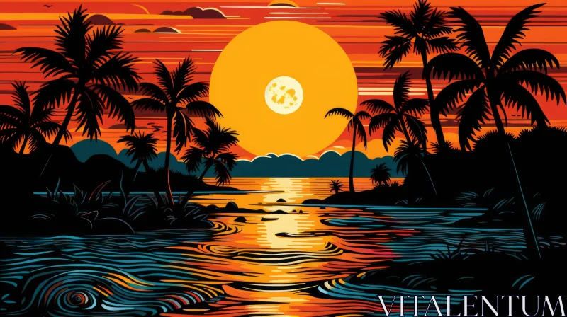Bold and Colorful Graphic Design: Sunset over Lake and Tropical Islands AI Image